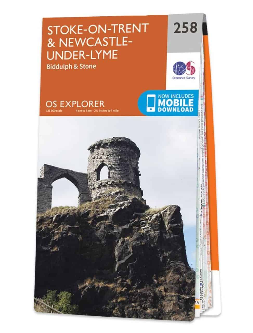 Front cover of an OS paper folded map/atlas in orange border with text displaying "Stoke-on-Trent & Newcastle-under-Lyme, Biddulph & Stone, OS Explorer 258" with a featured photograph of Mow Cop ruins atop a cliff.