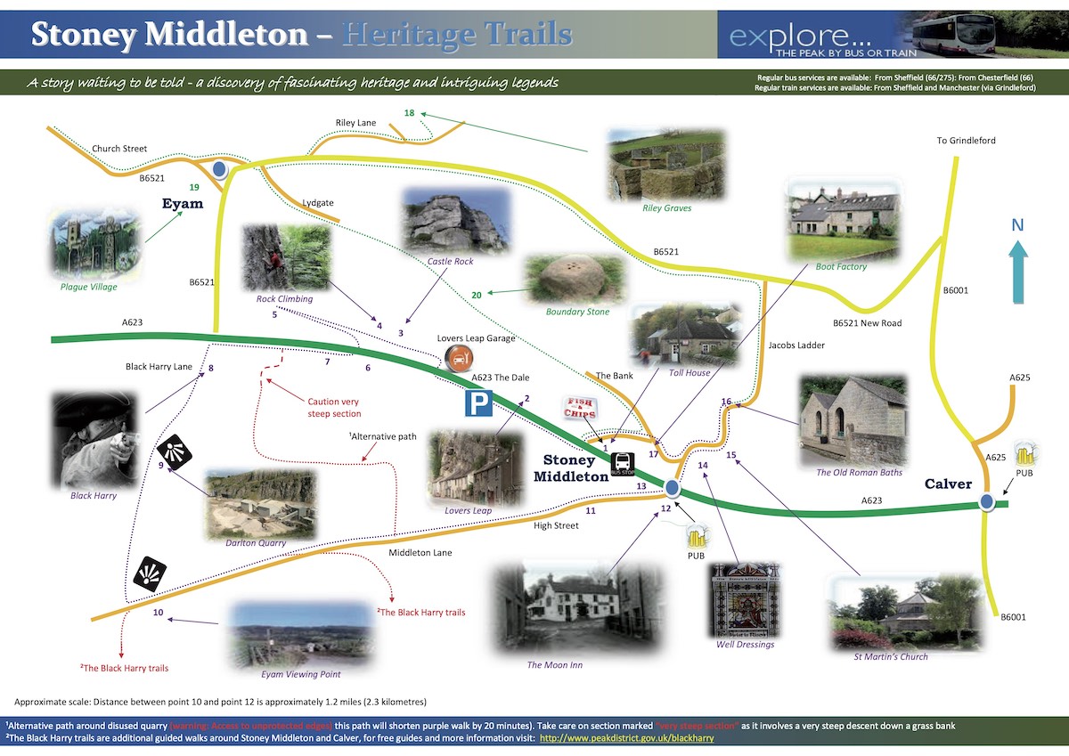 A map and guide to heritage trails and cycle routes in Stoney Middleton, including the villages of Calver and Eyam. It provides colour-coded routes and photographs of historic landmarks along the trails.