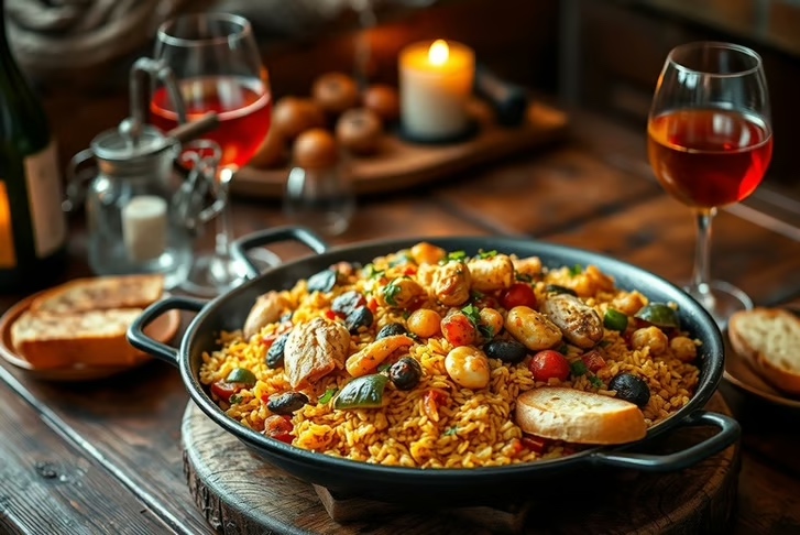 Close-up of a black paella pan filled with golden saffron rice, chicken pieces, seafood, olives, and vegetables, served on a wooden board with wine glasses, bread, and candlelight in the background
